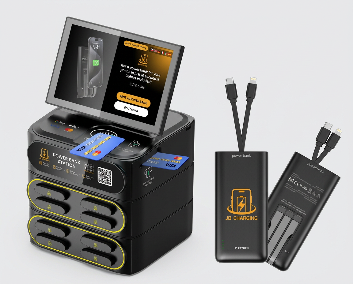 Power Stop station with detachable portable power banks and attached charging cables
